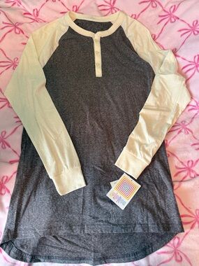 LuLaRoe Charcoal with Cream Raglan Henley Long Sleeve Tee